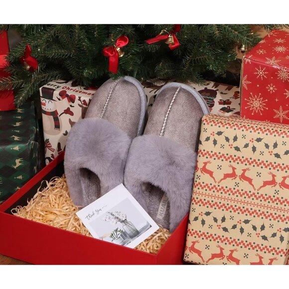 ⚡Women Grey Suede Fluff Dual Memory Foam Arch Support Warm Scuff Slipper - Picture 3 of 7